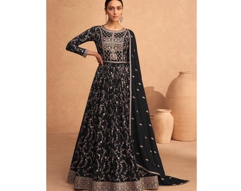 Lovely Black Color Designer Anarkali Dresses Heavy Embroidery Work Indian Pakistani Sangeet Functions Wear Long Georgette Anarkali Gown Suit