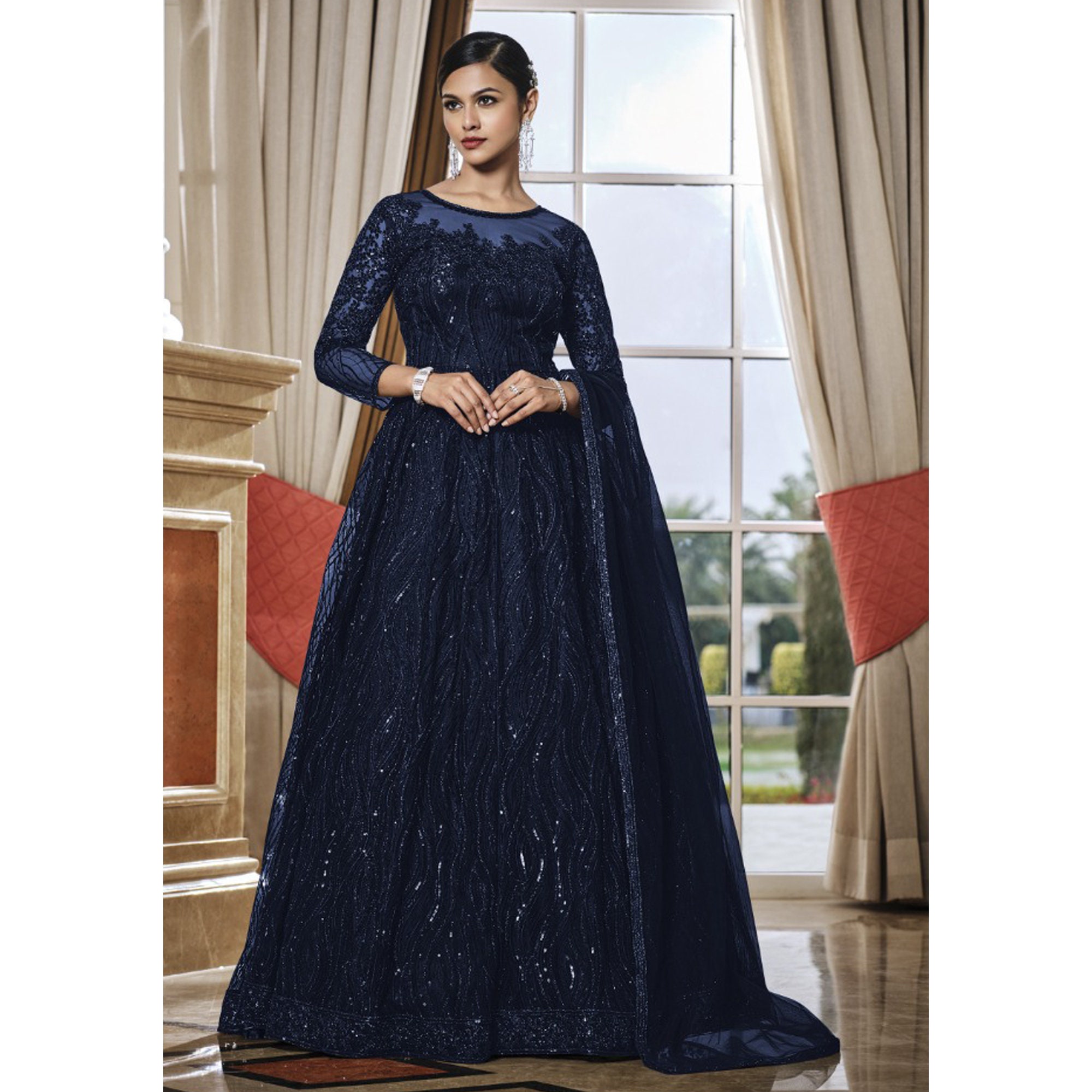 Navy Blue Color Long Anarkali Gown Suits Pakistani Indian - Etsy Singapore