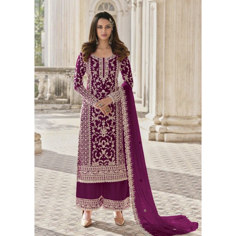 Purple Color Designer Salwar Kameez Plazzo Suits Pakistani Indian Special Occasion Wear Heavy Embroidery Work Shalwar Kameez Dupatta Dresses Choice-1