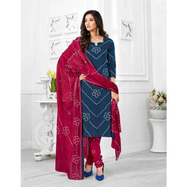 Blue Color Cotton Bandhani Hand Made Shalwar Kameez Pant Suits Digital Printed Work Pakistani Plus Size Women's Wear Patiyala Dupatta Dress