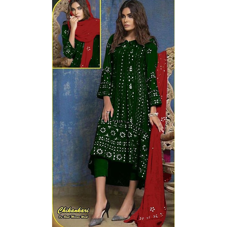Real Mirror Worked Black Color New Designer Chikankari Anarkali Trouser Suit Stitched Pakistani Wear Up Down Anarkali Kurti Plazo Pant Dress