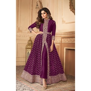 Glorious Purple Color Designer Slit Anarkali Gown Dress Pakistani Indian Sangeet Functions Wear Embroidery Work Trouser Pant Suit Made by me