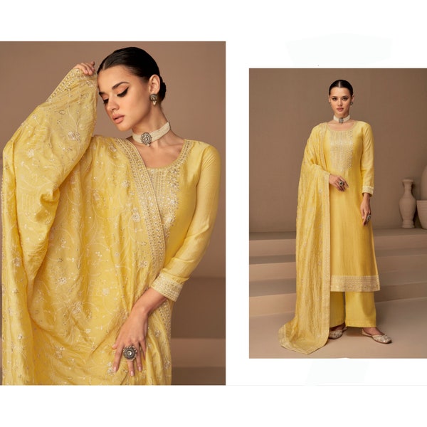 Women's Wear Beautiful Light Yellow Color Indian Pakistani Ethnic Wear Heavy Embroidery Worked Designer Shalwar Kameez Palazzo Dupatta Dress