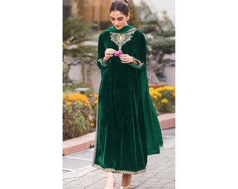 Velvet Salwar Kameez Pant Suit For Pakistani Indian Wedding Reception Party Wear Heavy Embroidery-Codding Worked Dupatta Dresses for Women's