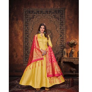 Yellow-Red Color Designer Long Anarkali Gown Suits Wedding Reception Wear Embroidery Work Hand Crafted Anarkali Gown Jacquard Dupatta Dress