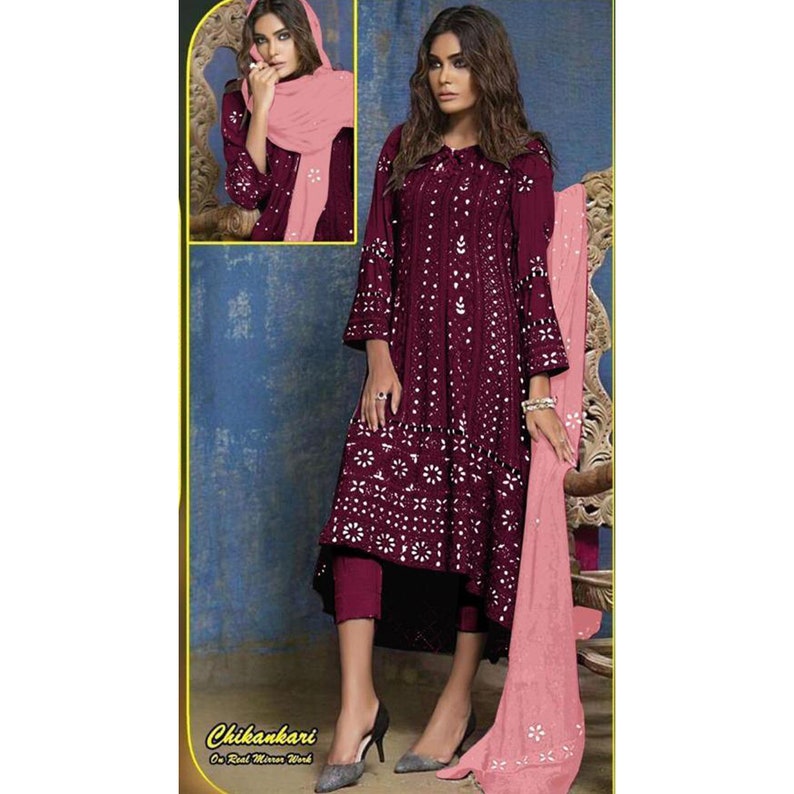 Real Mirror Worked Black Color New Designer Chikankari Anarkali Trouser Suit Stitched Pakistani Wear Up Down Anarkali Kurti Plazo Pant Dress