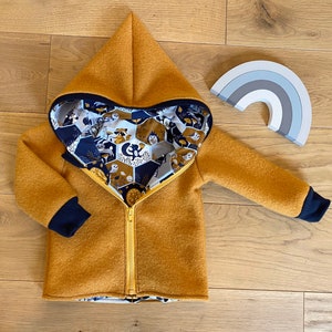 Walk jacket Walk mustard yellow cuffs in dark blue forest animals with zipper and hood lining can be customized image 1