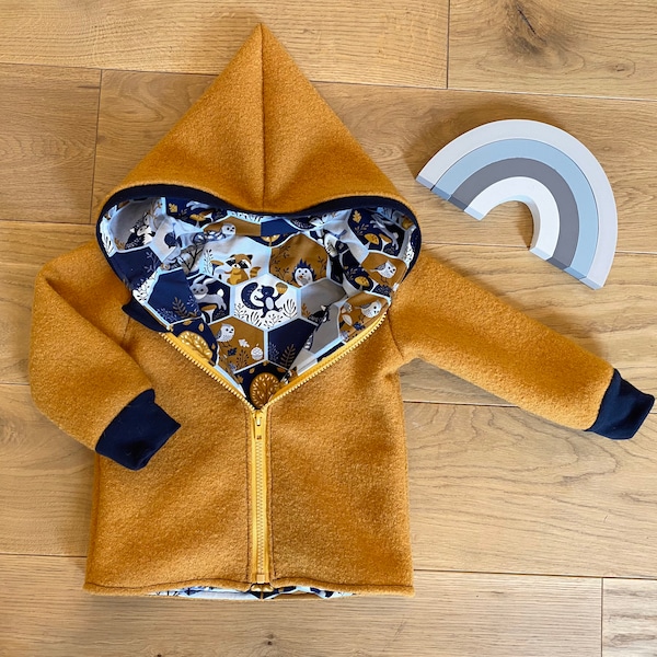 Walk jacket Walk mustard yellow cuffs in dark blue forest animals with zipper and hood lining can be customized