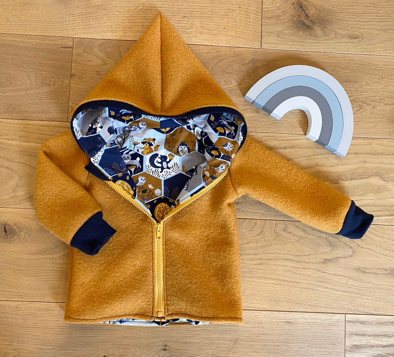 Walk jacket Walk mustard yellow cuffs in dark blue forest animals with zipper and hood lining can be customized image 1