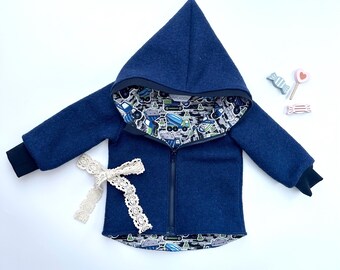 Walk jacket Walk Royal blue Cuffs in dark blue Construction vehicles with zipper and hood Customize cuffs and lining