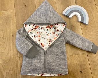 Walkjacke Walk Hellgrau Bündchen in grau  Rosen Blumen  mit Reißverschluss und Kapuze Bündchen und Futter individuell gestalten