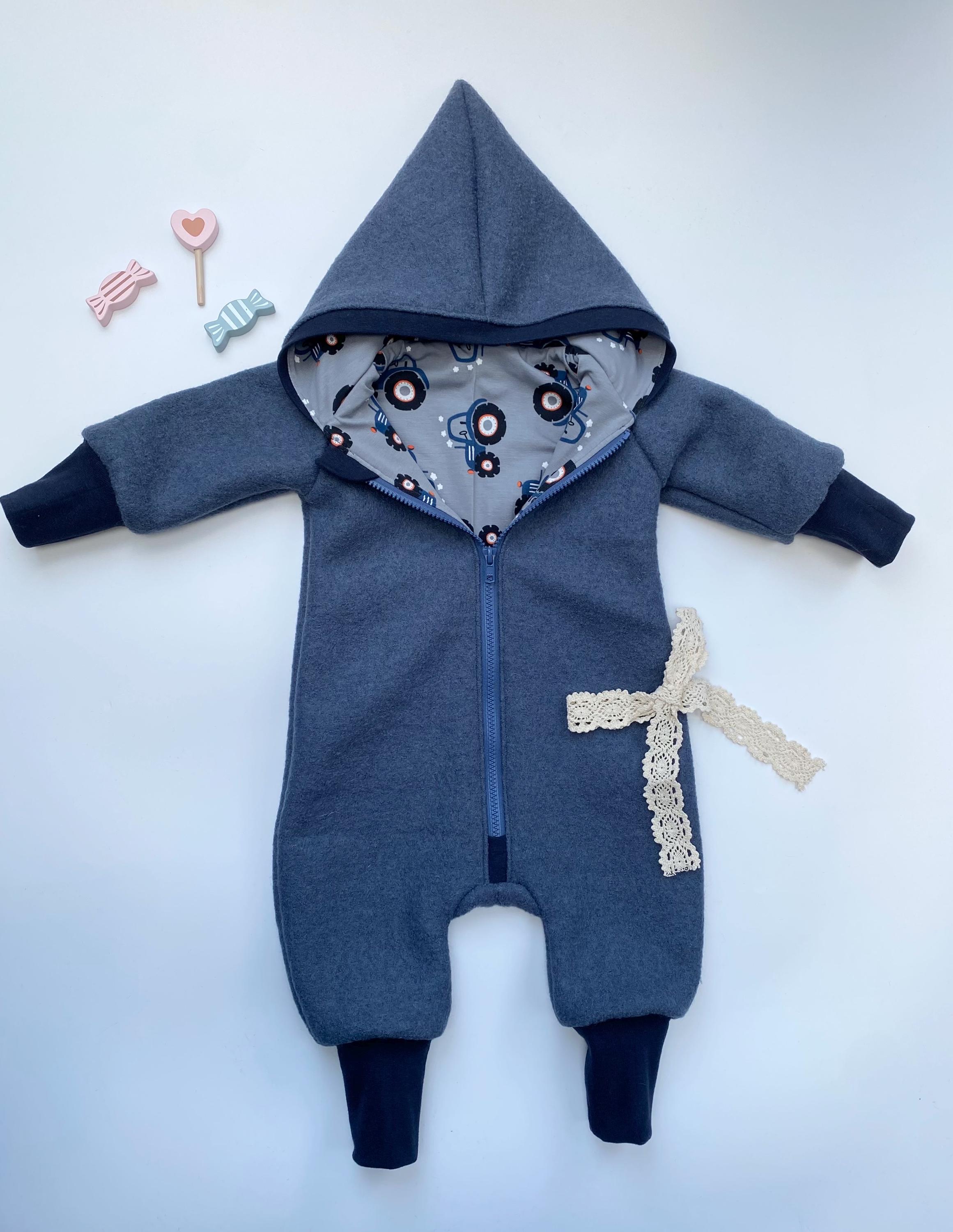 Walkanzug Walkoverall rauchblau Bündchen in dunkelblau Traktor mit