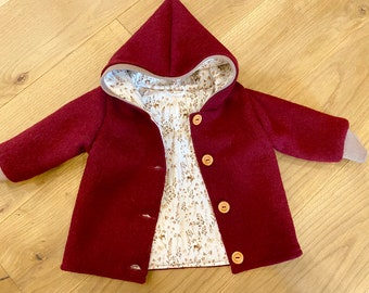 Bordeaux wool jacket with buttons or zipper to customize, dark beige cuffs