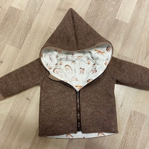 Walk jacket, brown mottled, cuffs, dark beige, forest animals, with zip and hood, cuffs and lining can be customized
