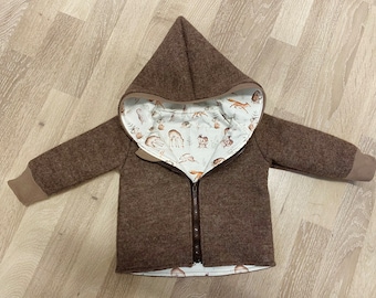 Walkjacke Walk Braun meliert Bündchen dunkel beige Waldtiere mit Reißverschluss und Kapuze Bündchen und Futter individuell gestalten