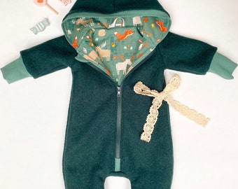 Walk overalls, fir green cuffs in mint forest animals No. 68 with zipper and hood, customizable