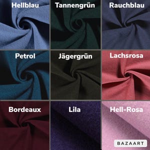 May include: Nine fabric swatches in different colors, including light blue, dark blue, green, brown, red, pink, purple, and burgundy. The swatches are arranged in a 3x3 grid with the color names written above each swatch.