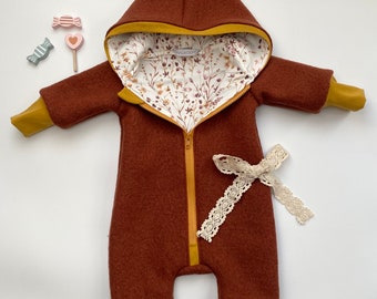 Walk overall rust cuffs in mustard yellow flowers No. 16 with zipper and hood customizable