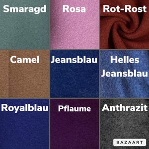 May include: A color chart showing 9 different fabric swatches. The swatches are labeled with the following colors: Smaragd, Rosa, Rot-Rost, Camel, Jeansblau, Helles Jeansblau, Royalblau, Pflaume, Anthrazit.
