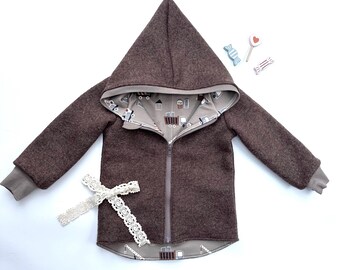 Walk jacket, brown melange, dark beige cuffs, digger design with zipper and hood, cuffs and lining can be customized