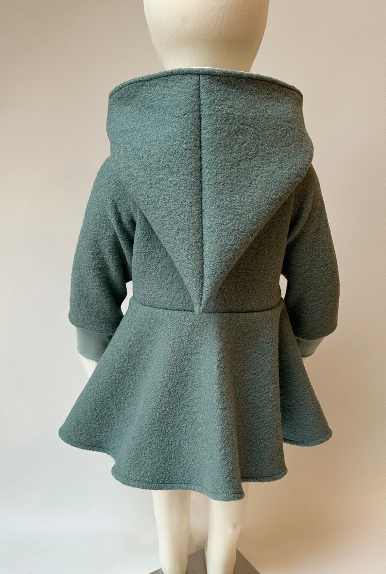 Woolen coat with circle skirt, zipper and pointed cap in emerald green individually designed also available in other wool colors image 2