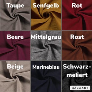 May include: Nine fabric swatches in different colors and textures. The swatches are labeled with the following names: Taupe, Senfgelb, Rot, Beere, Mittelgrau, Rost, Beige, Marineblau, Schwarz-meliert.