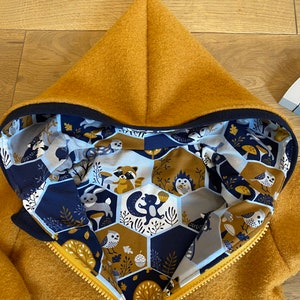 Walk jacket Walk mustard yellow cuffs in dark blue forest animals with zipper and hood lining can be customized image 3