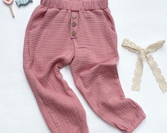 Muslin pants for babies and children size 38-122 individually designed with elastic band and button placket super light summer pants muslin pants