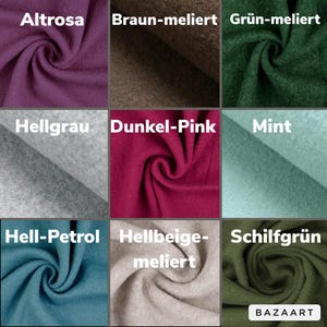 May include: A collection of fabric swatches in various colors, including pink, green, brown, gray, beige, and blue. The swatches are labeled with their names in German, such as "Altrosa" (pink) and "Hellgrau" (light gray).