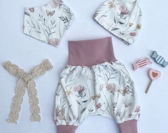 Babyset bloeiers + mutsje + halsdoek voor baby's gemaakt van individueel ontworpen jersey