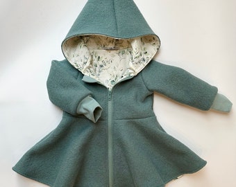 Boiled wool coat with full skirt, zipper, and pointed cap in emerald green - customizable (also available in other boiled wool colors)