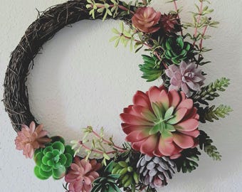 Faux Succulent rustic front door Wreath.  - 16" Diameter