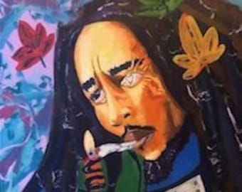 May include: An artistic painting of a person with dreadlocks smoking a lit cigarette. The person has a light skin tone and is wearing a blue and green jacket. The painting includes cannabis leaves and a colorful background.