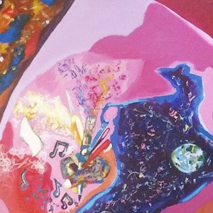 May include: Abstract painting with a pink, blue, and red background. The painting features a variety of shapes and colors, including musical notes, pencils, and a small globe.