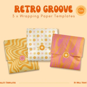 Pacchetto di 3 modelli di design per carta velina/carta da regalo con motivi retrò, modificabili in Canva