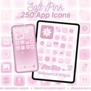 Könnte beinhalten: Ein digitales Design mit einem Smartphone und Tablet, die rosa App-Symbole anzeigen. Der Text lautet "Soft Pink 250 App Icons" mit zusätzlichem Text, der kostenlose Hintergrundbilder und Widgets anzeigt. Perfekt für Telefone und Tablets.