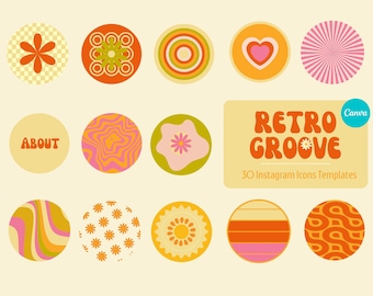 Retro Groove Instagram Highlight Covers CANVA, Editable Instagram Icons, Cute Bright Story Icons, Groovy Retro Social Media Branding