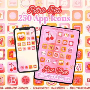 Puede incluir: Imagen promocional de iconos de aplicaciones, fondos de pantalla y widgets. El diseño presenta una combinación de colores rosa y rojo con el texto "Retro Red 250 App Icons". Un smartphone y una tableta muestran los iconos de la aplicación. La imagen también incluye el texto "Plus Free Wallpapers & Widgets."