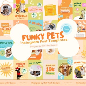 Pode incluir: Um conjunto de modelos de posts coloridos para Instagram para empresas relacionadas a animais de estimação. Os modelos apresentam várias ilustrações de cães e gatos, com texto como "Funky Pets", "Holiday Sale" e "Thank You 10K Followers".