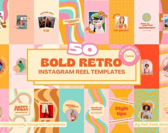 Może przedstawiać: Kolaż 50 szablonów rolek na Instagramie w stylu retro, z odważnymi kolorami i falistymi liniami. Szablony są w pełni edytowalne w Canva i zaprojektowane przez profesjonalistów. Tekst "50 Bold Retro Instagram Reel Templates" jest wyświetlany w środku obrazu.