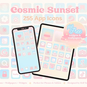 May include: A digital product image featuring a phone and tablet displaying app icons with a pastel pink and blue theme. The text "Cosmic Sunset" and "255 App Icons" are visible, along with the words "Free widgets & wallpapers".