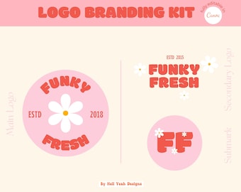 May include: A logo branding kit with three different logo designs. The main logo is a pink circle with the text "FUNKY FRESH" in red, with a white daisy in the center. The secondary logo is the text "FUNKY FRESH" in red with white daisies on either side. The submark logo is a pink circle with the letters "FF" in red with white daisies around the letters.