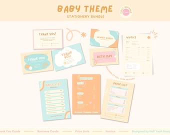 Baby Theme Brand Stationery Bundle | Business Cards | Thank you Cards | Price Lists | Invoice | Fully Editable in Canva