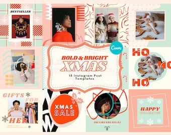 Bold & Bright XMAS Instagram Post Templates Canva, Christmas Social Media Content, Editable Canva Post Templates, Colorful Instagram Feed