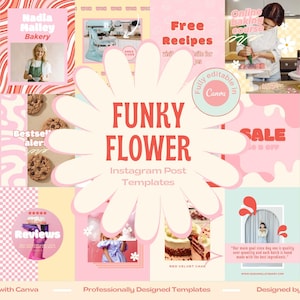 May include: A collage of pink, white, and yellow Instagram post templates. The central design features the text "FUNKY FLOWER" and "Instagram Post Templates." Other squares showcase baked goods, recipes, and the text "Free Shipping," "30% OFF," and "Reviews."