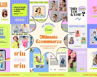60 plantillas de publicaciones de Instagram para comercio electrónico / Editables en Canva / Incluye tamaño vertical
