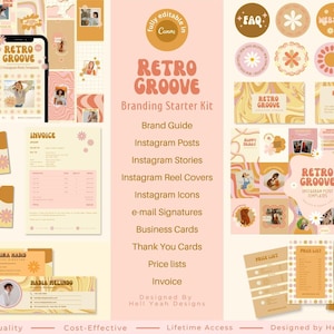 Peut inclure: Un kit de démarrage de marque sur le thème rétro, comprenant une maquette de téléphone, des cartes de visite et des modèles Instagram. Le design intègre des couleurs pêche, beige et blanc avec des motifs floraux et ondulés. Le texte comprend "Retro Groove".