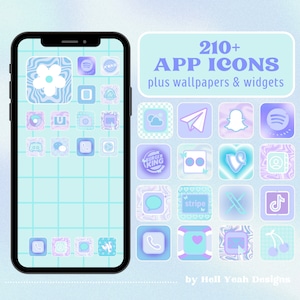 May include: A digital mockup of a smartphone screen with a grid pattern and a variety of colorful app icons. The icons are in a pastel color scheme with a blue, purple, and pink color palette. The text "210+ APP ICONS plus wallpapers & widgets" is displayed above the icons. The text "by Hell Yeah Designs" is displayed below the icons.