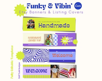 Funky n vibin&#39; Etsy Shop Kit, Etsy Banner Design Templates, DIY Etsy branding Canva