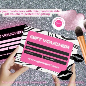 Glam Girl Business Gift Voucher Card Canva Templates, Cosmetics- Beauty